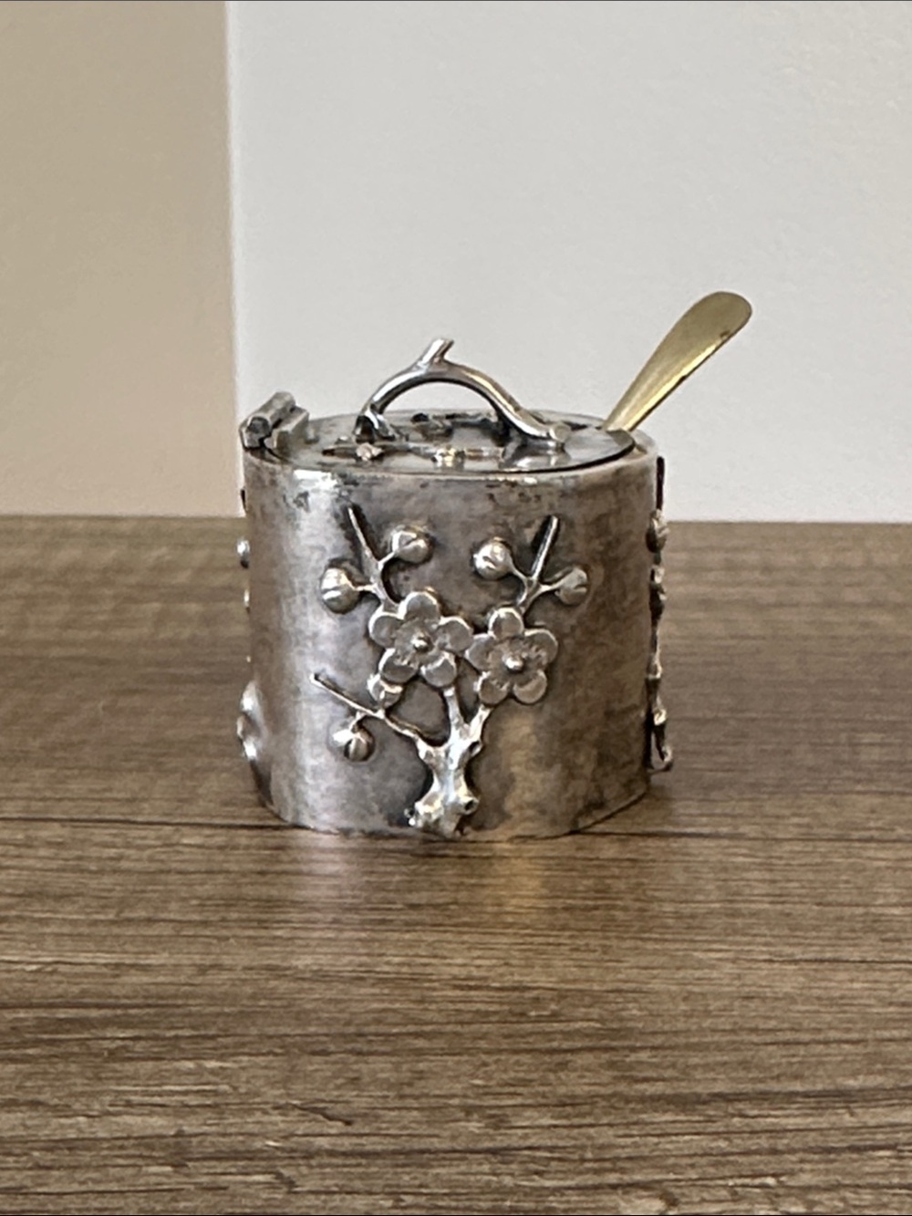 ZEE WO Chinese Export Silver Cherry Blossom Mustard Pot
